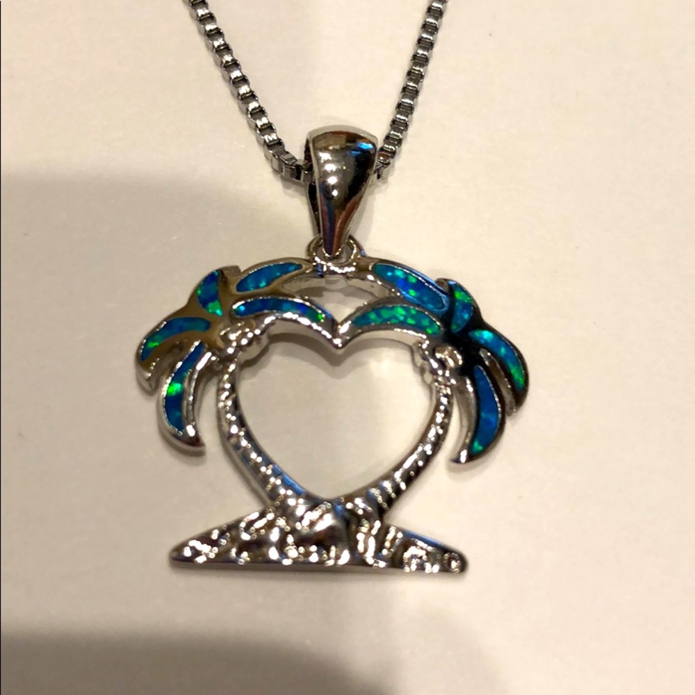 Blue opal palm tree necklace